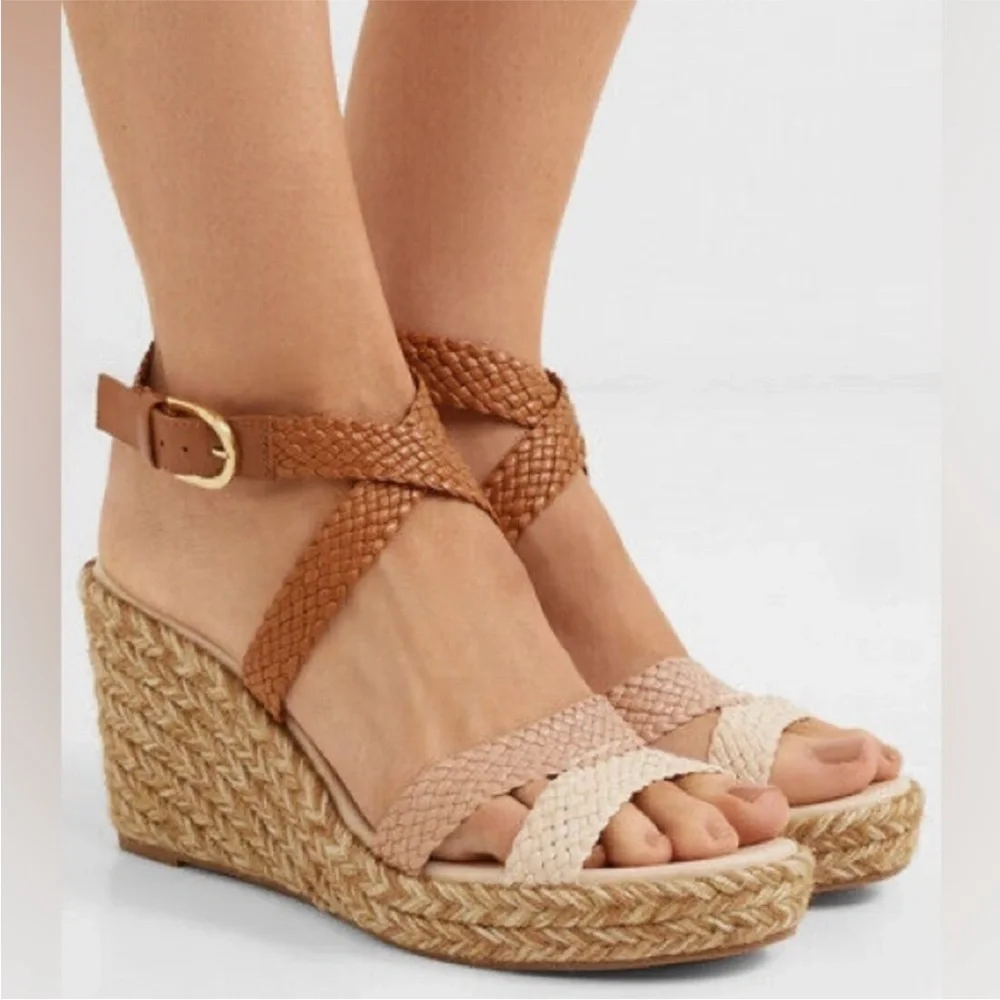 Stuart Weitzman Elsie Wedge Sandal SZ 8 Beige Combo Woven